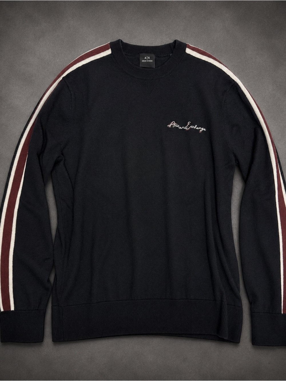 Armani Exchange Black Crewneck Sweater with Burgundy and White Sleeve Stripes